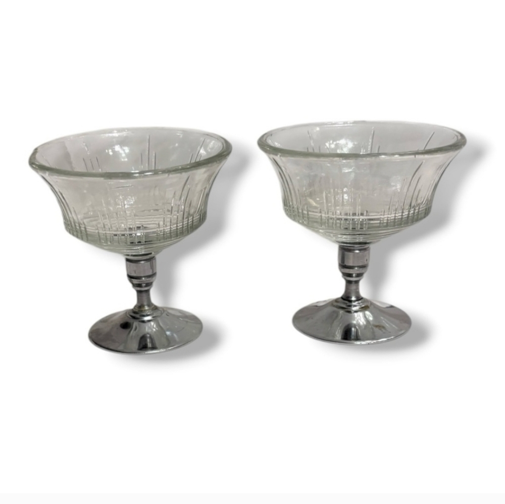 VINTAGE Clear Sherbet Glasses Removable Metal Base Set of Two